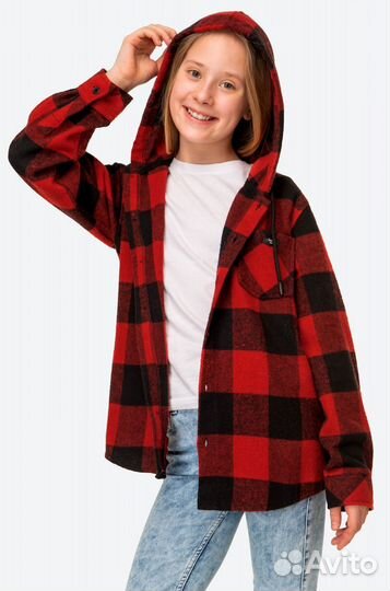 Рубашка теплая в клетку с капюшоном, новая