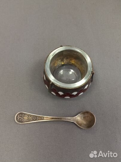 Солонка с ложечкой Мельхиор Эмаль СССР