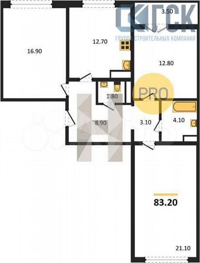 3-к. квартира, 83,2 м², 4/15 эт.