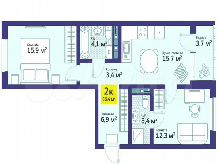 2-к. квартира, 65,4 м², 2/4 эт.