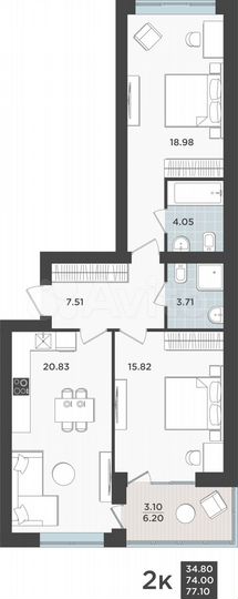 2-к. квартира, 74 м², 3/9 эт.