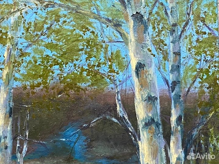 Картина маслом пейзаж 20х20см. Березки весной