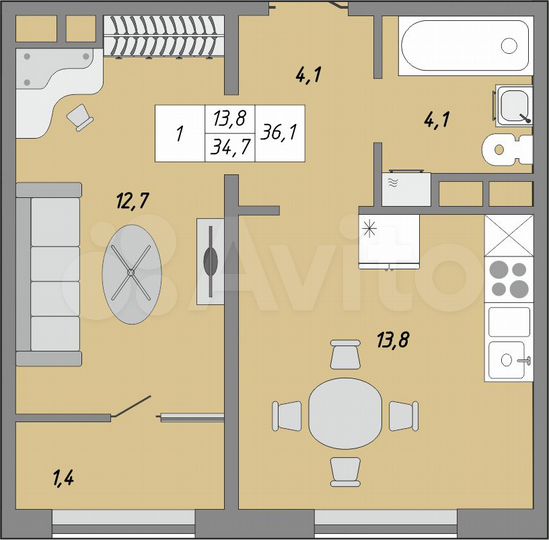 1-к. квартира, 36,1 м², 12/24 эт.