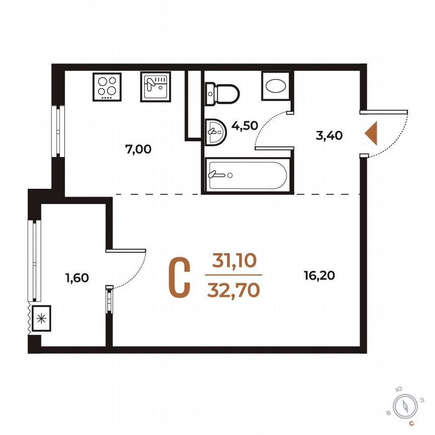 Квартира-студия, 32,7 м², 6/8 эт.