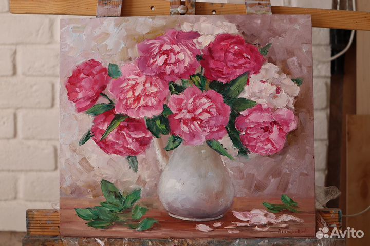 Картина маслом Цветы Пионы 35х40см холст картон