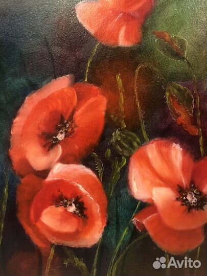 Картина маслом, красные маки, мдф 30х40