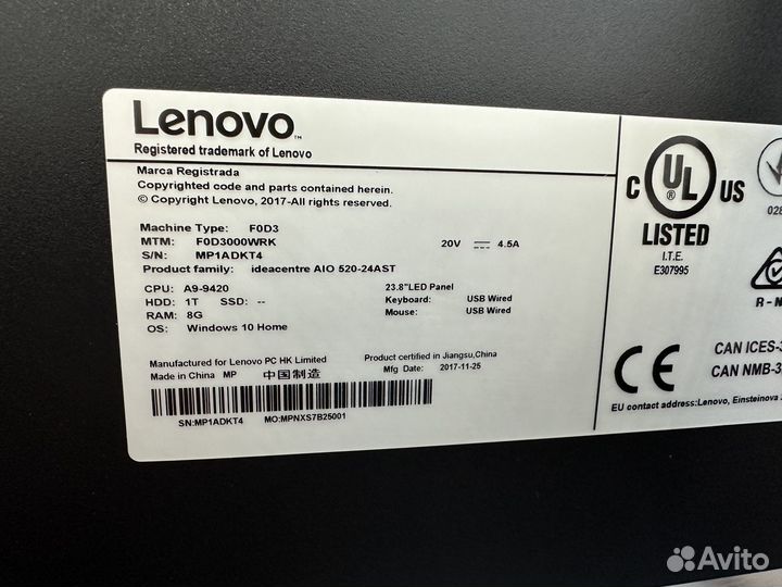 Моноблок Lenovo ideacentre AIO 520-24AST 23.8” SSD