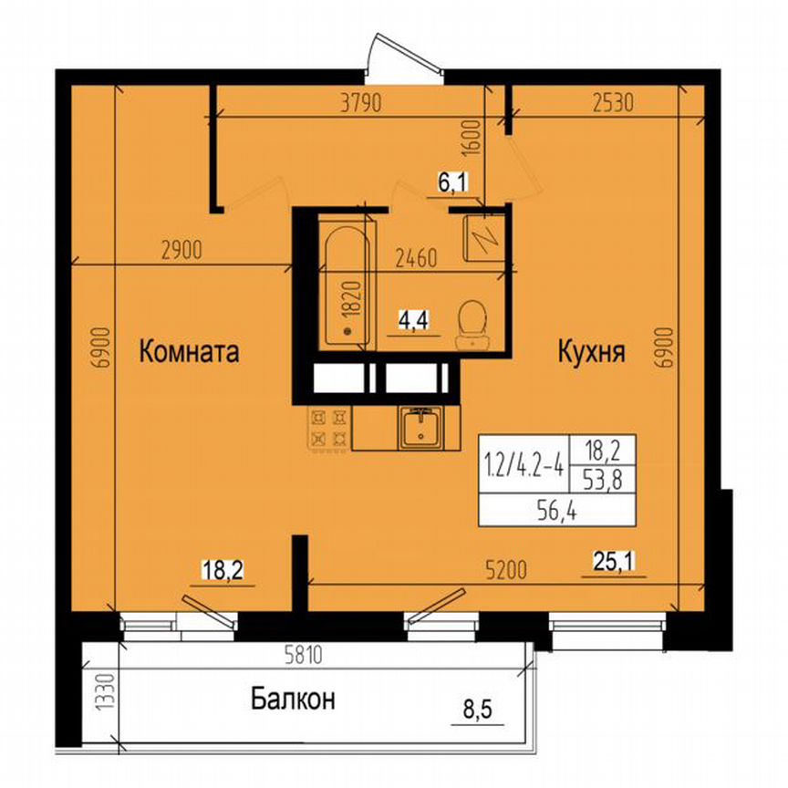 1-к. квартира, 56,4 м², 3/23 эт.