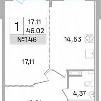 1-к. квартира, 46 м², 18/19 эт.