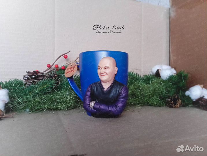 Кружка с декором из полимерной глины. Шарж по фото