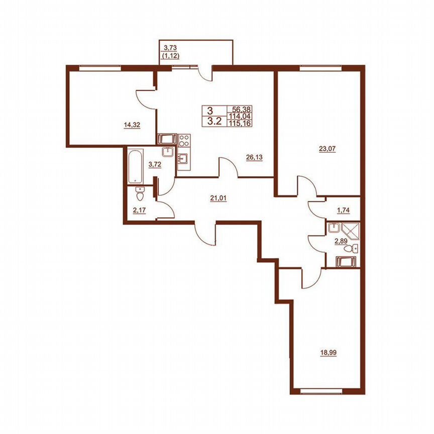 3-к. квартира, 116,9 м², 3/11 эт.