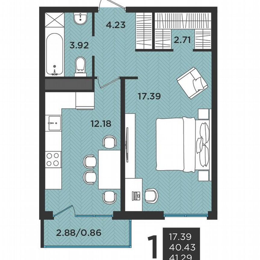 1-к. квартира, 41,3 м², 1/3 эт.