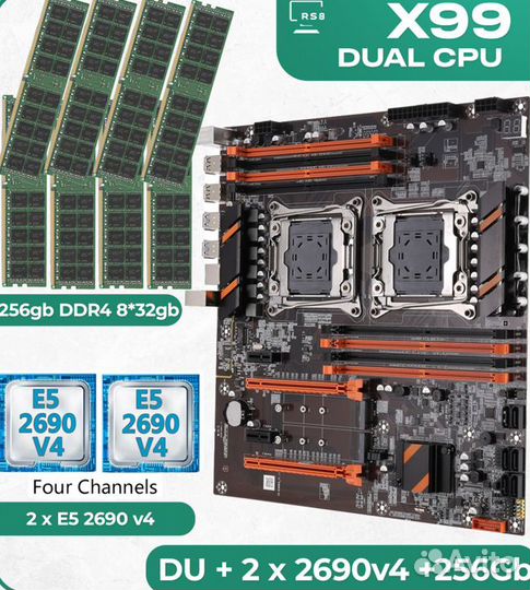 Комплект мать проц память X99 2CPU двухпроцессорн