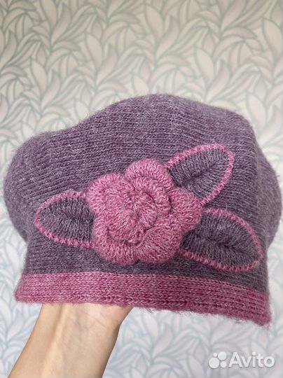 Берет розовый вязаный из ангоры