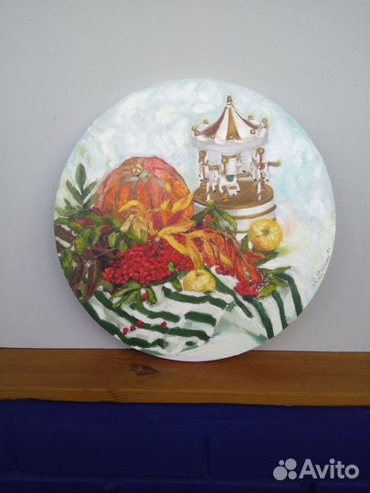 Картина маслом с рябиной на круглом холсте