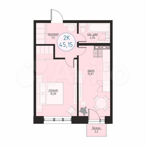 2-к. квартира, 45,2 м², 6/6 эт.