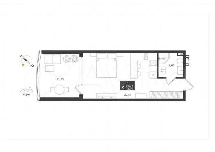 Апартаменты-студия, 42,8 м², 2/11 эт.