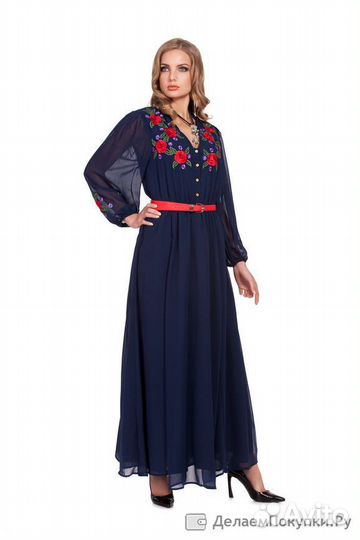 Платье макси женское с вышивкой