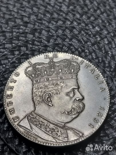 Монета Уберто l 1891г. 5 лир