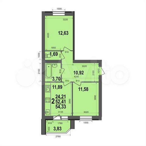 2-к. квартира, 54,3 м², 4/5 эт.
