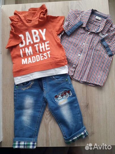 Джинсы,рубашка и футболка 68-74-80