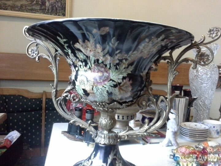 Бронзовая фарфоровая ваза большая кракелюр винтаж