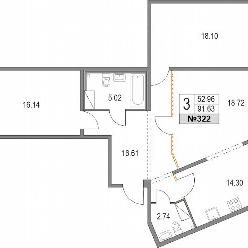 3-к. квартира, 91,6 м², 7/21 эт.