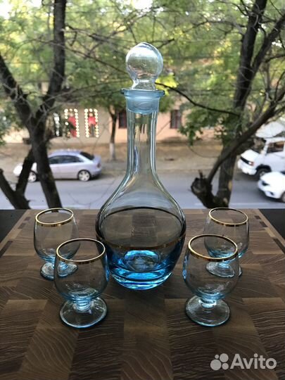 Винтаж Набор графин + 4 рюмочки купоросное стекло