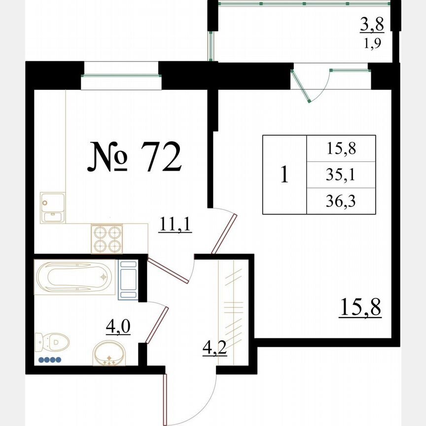 1-к. квартира, 36,3 м², 1/8 эт.