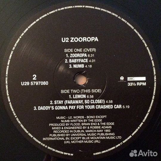 Виниловая пластинка U2, Zooropa