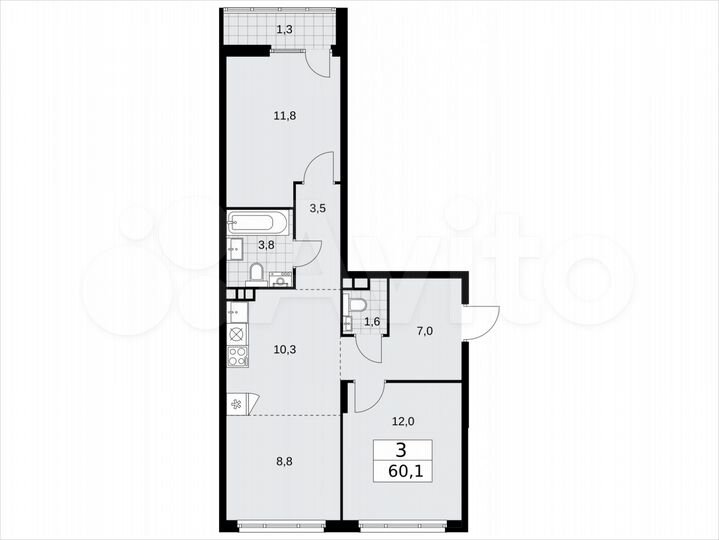 3-к. квартира, 60,1 м², 4/15 эт.