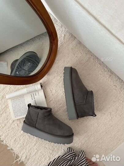 Угги женские UGG платформа 3см серые чёрные