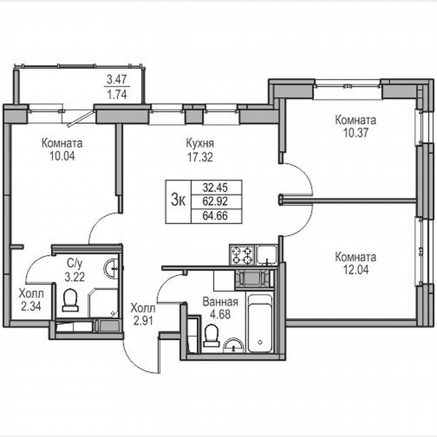 3-к. квартира, 64,7 м², 15/23 эт.