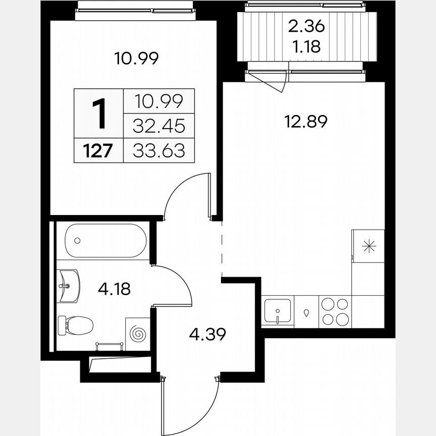 1-к. квартира, 33,6 м², 9/9 эт.