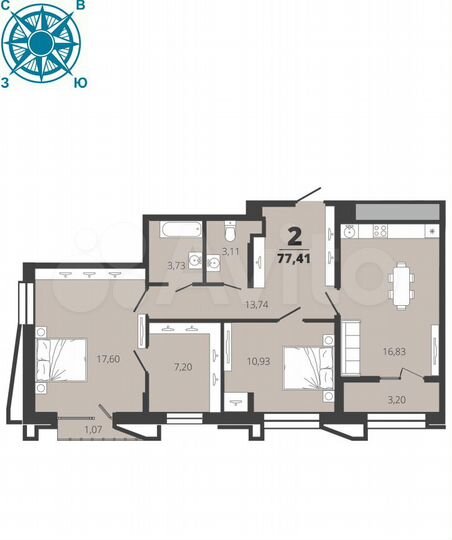 2-к. квартира, 77,4 м², 10/19 эт.