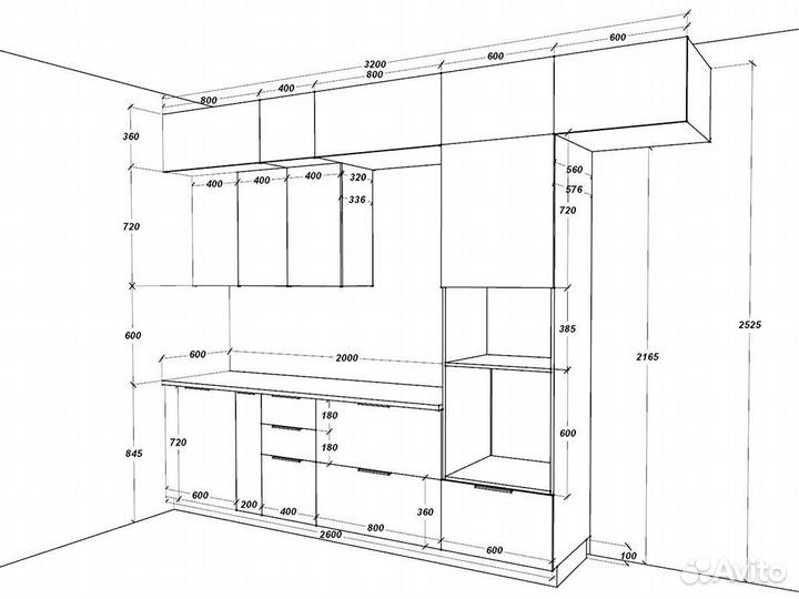 Кухня мдф+лдсп 3,2 м. Люкс-фурнитура, столешница