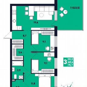 3-к. квартира, 75,7 м², 2/9 эт.