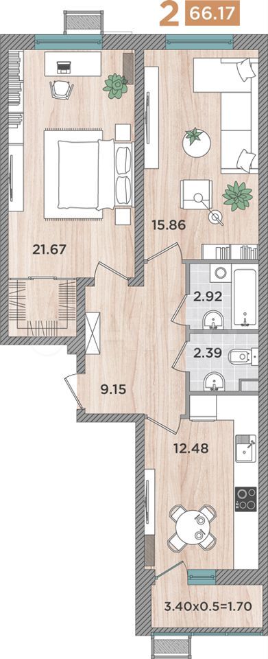 2-к. квартира, 66,2 м², 1/8 эт.