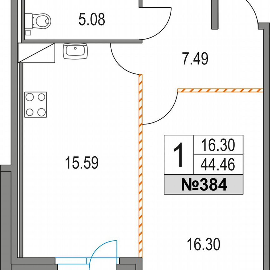 1-к. квартира, 44,5 м², 3/21 эт.