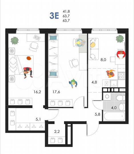 3-к. квартира, 63,7 м², 4/6 эт.