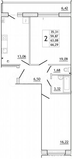 2-к. квартира, 66,3 м², 1/10 эт.