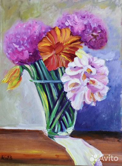 Картина маслом цветы в вазе натюрморт 40х30