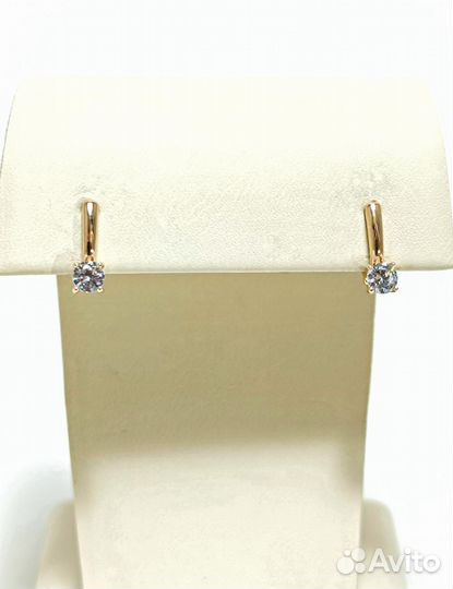 Золотые серьги детские, фианит, английский замок, вес 1,27 г