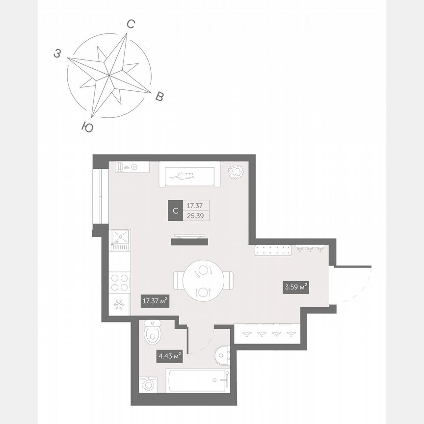 Апартаменты-студия, 25,4 м², 10/13 эт.