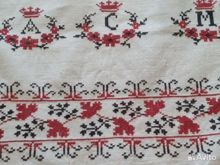 Рушник старинный льняной, вышивка, кружева, атлас