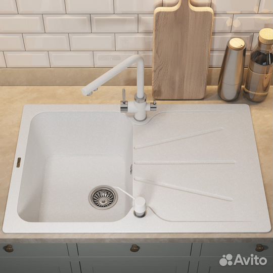 Кухонная мойка кварцевая прямоугольная, белая