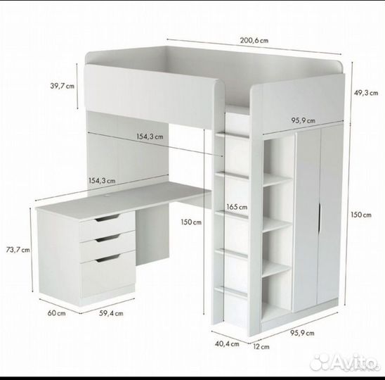 Детская кровать чердак со столом и шкафом