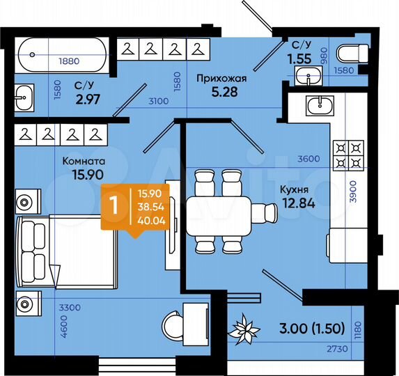 1-к. квартира, 40 м², 1/9 эт.