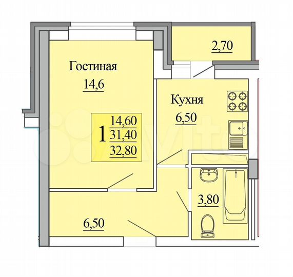 1-к. квартира, 32,8 м², 5/10 эт.