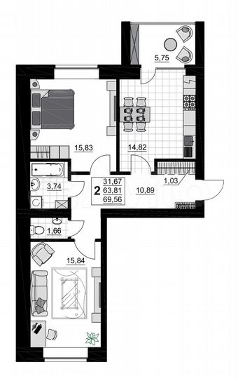 2-к. квартира, 69,6 м², 3/5 эт.